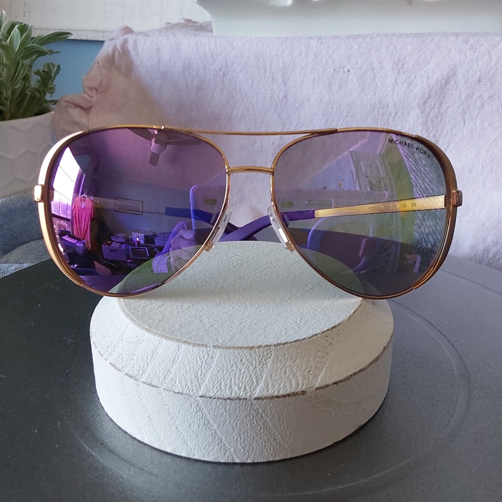 Michael Kors Chelsea Aviator Sunglasses Rose Gold w/Purple Mirror